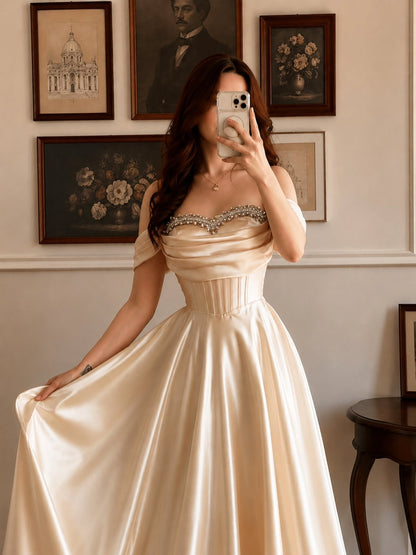 Beaded Off-the-Shoulder Satin Corset Gown