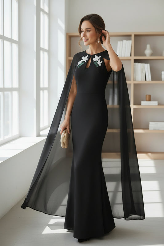 Elegant Cape Sleeve Mermaid Evening Gown with Floral Appliqués | Mother of the Bride Dress