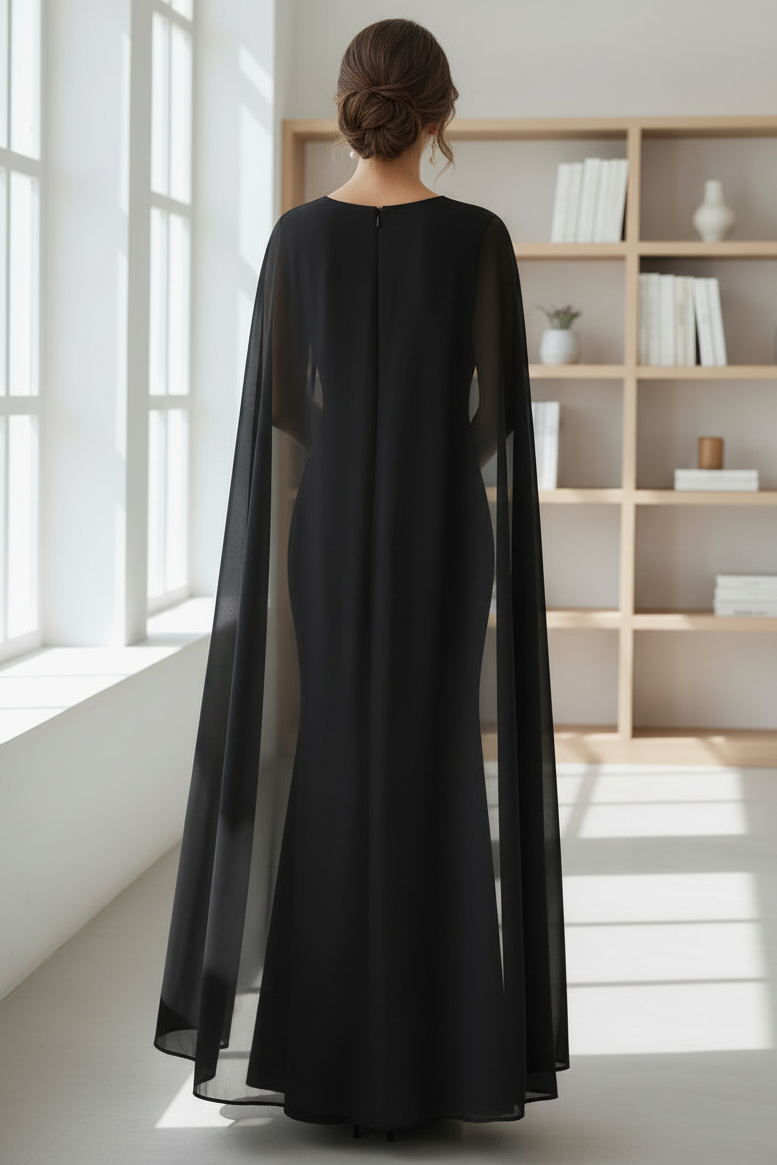 Elegant Cape Sleeve Mermaid Evening Gown with Floral Appliqués | Mother of the Bride Dress