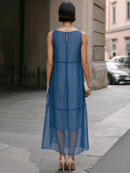 Sleeveless Sheer Overlay Tiered Maxi Dress