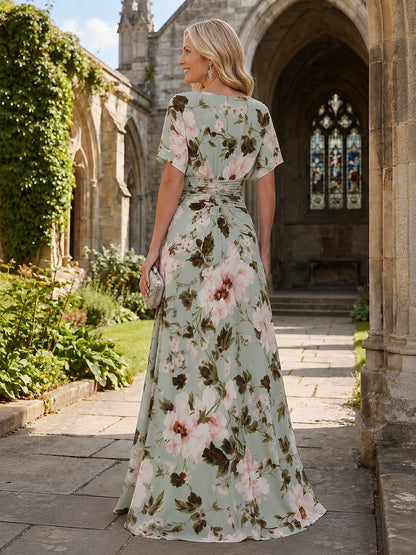 Ruched Waist Floral Chiffon Maxi Dress