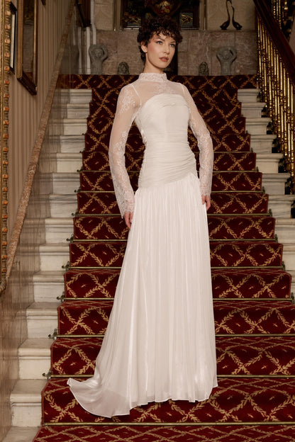 High-Neck Lace Long Sleeve Wedding Dress