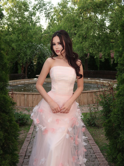 Strapless 3D Floral Tulle Mermaid Prom Gown