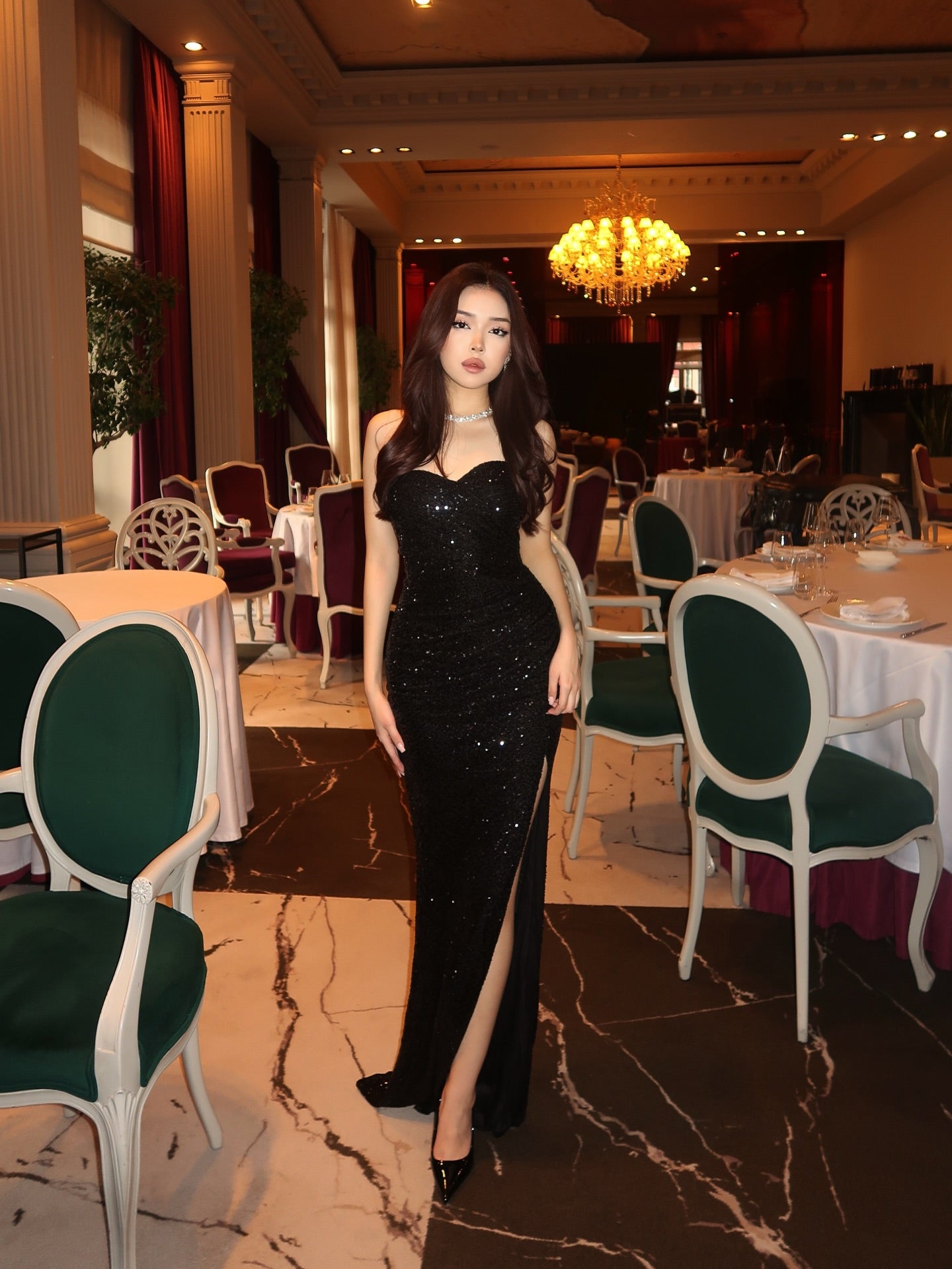 Strapless Sweetheart Sequin Maxi Gown with High Slit