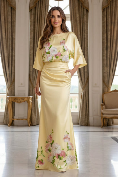 Floral Print Kimono Sleeve Satin Maxi Dress