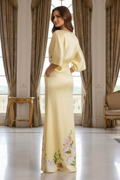 Floral Print Kimono Sleeve Satin Maxi Dress