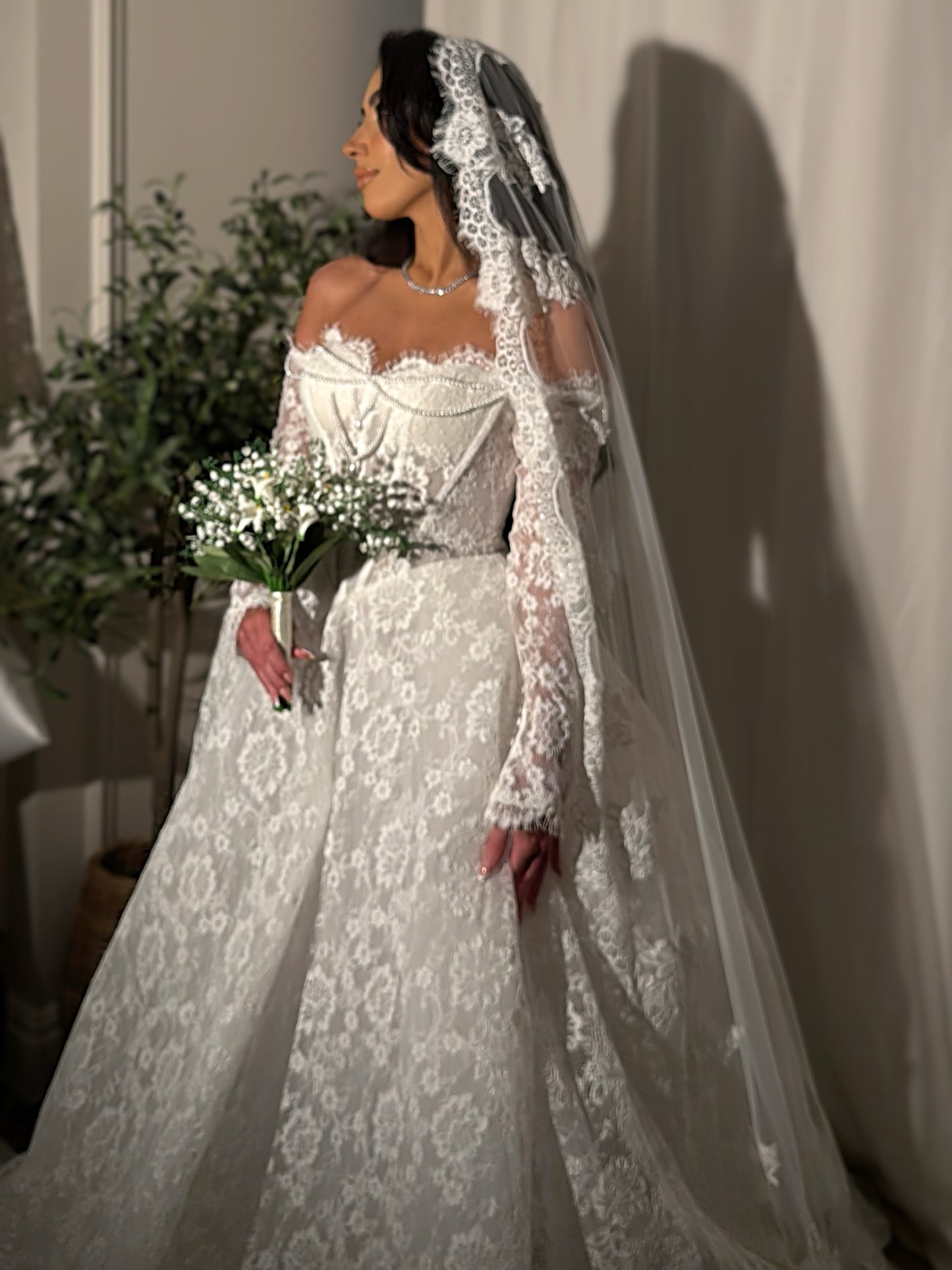 Off-Shoulder Lace Long Sleeve Wedding Dress with Train