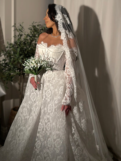 Off-Shoulder Lace Long Sleeve Wedding Dress with Train
