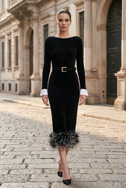 Feather Hem Midi Dress with Belt and Cuffs