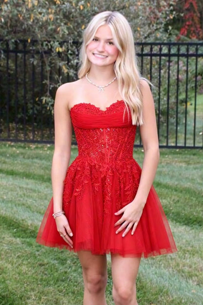 Strapless Lace Applique Fit and Flare Homecoming Dress