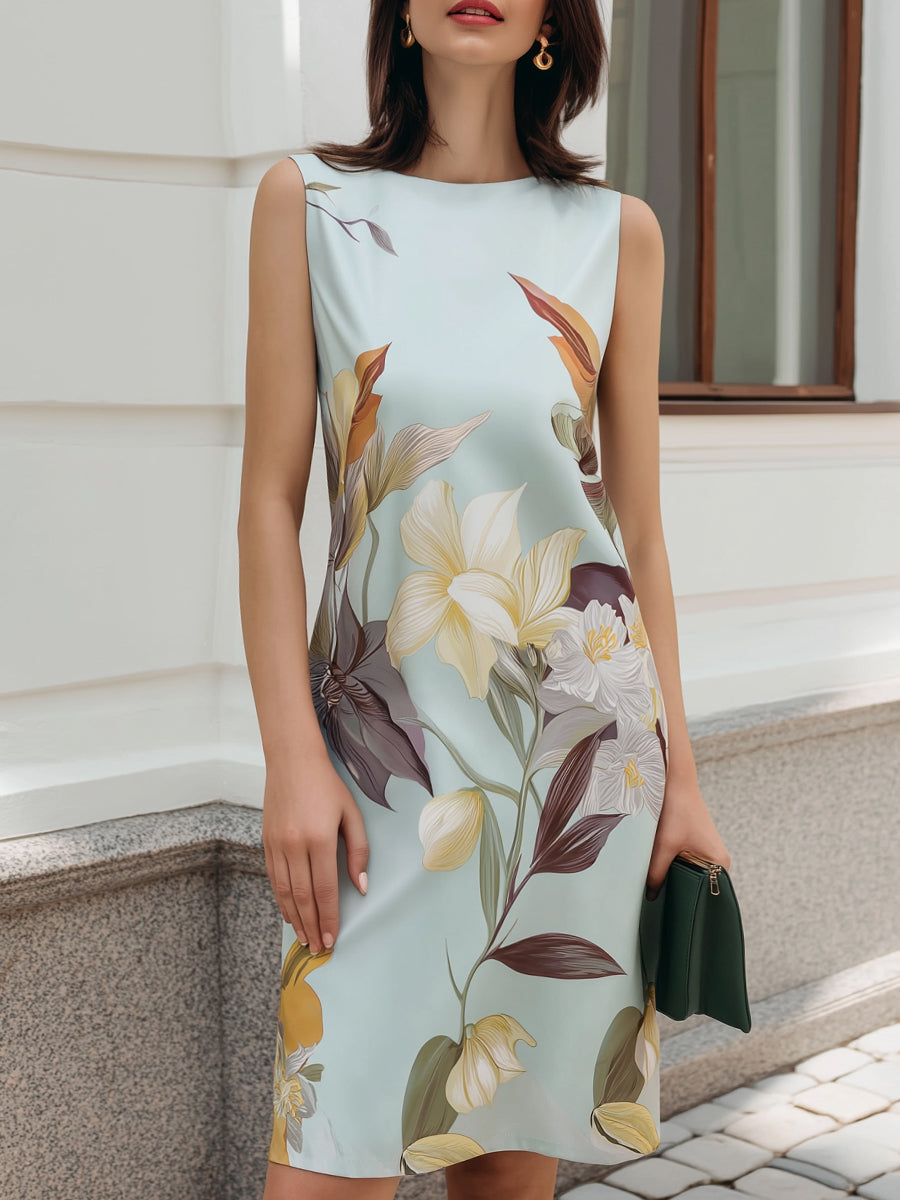 Sleeveless Floral Boat Neck Shift Dress