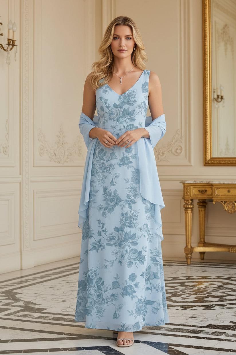 Floral Print V-Neck A-Line Gown with Matching Shawl