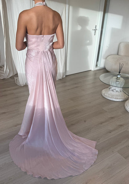 Halter Corset Evening Gown with Beaded Trim