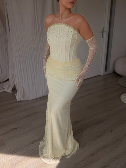 Strapless Corset Lace Evening Gown with Beading