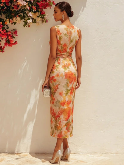 Floral Print Ruched V-Neck Midi Dress