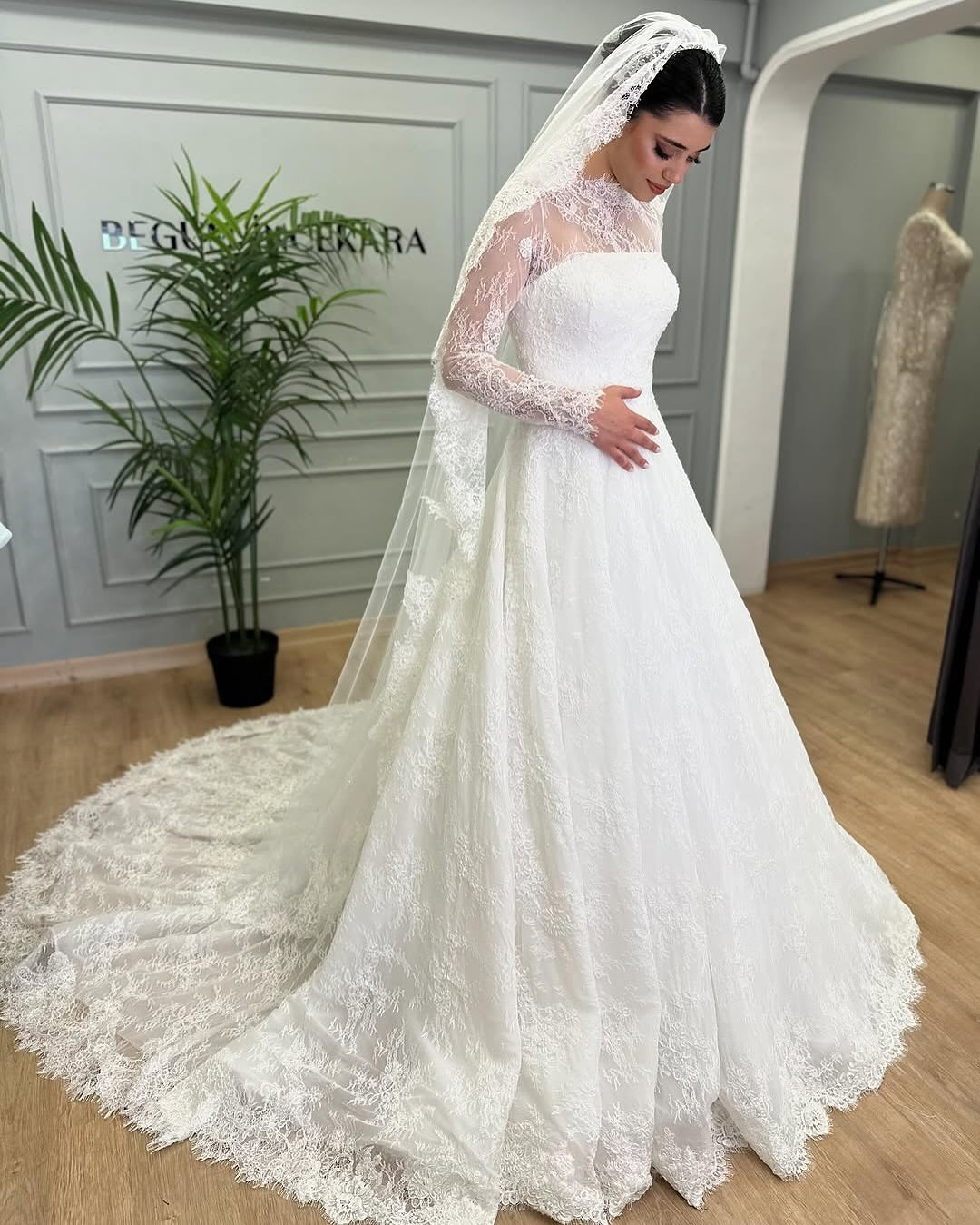 Lace Illusion Long Sleeve A-Line Wedding Dress