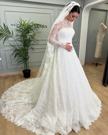 Lace Illusion Long Sleeve A-Line Wedding Dress
