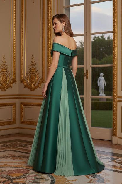 Off-Shoulder A-Line Gown with Pleated Inserts
