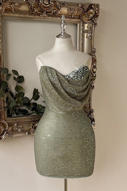 Strapless Cowl Neck Rhinestone Detail Mini Dress