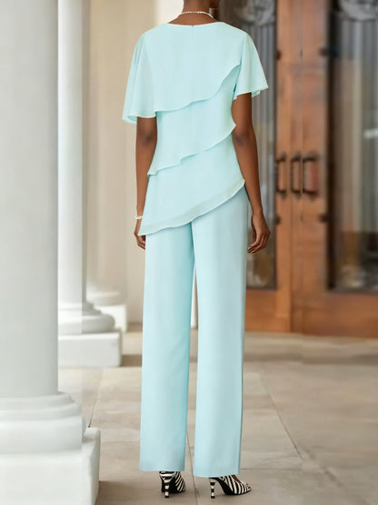 Asymmetrical Tiered Chiffon Pantsuit with Flutter Sleeves