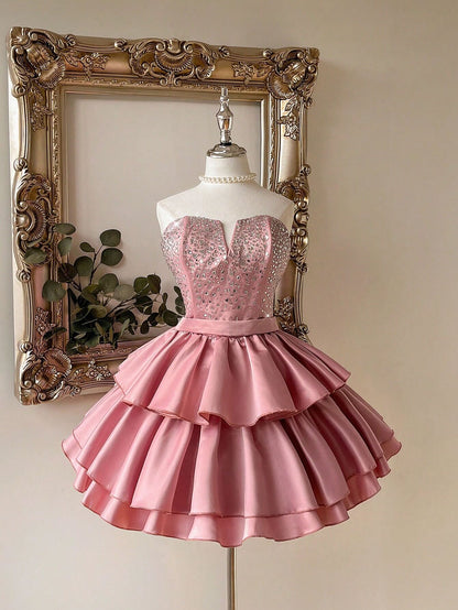 Strapless Crystal Beaded Tiered Satin Mini Dress