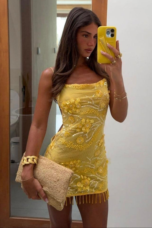 3D Floral Beaded Fringe Mini Dress