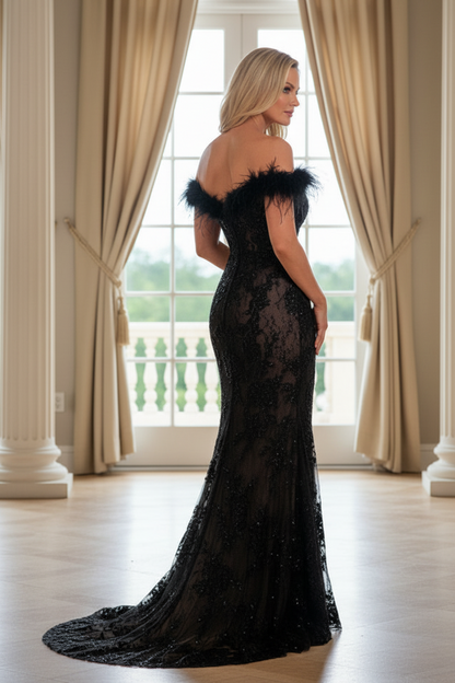Feather Trim Lace Mermaid Evening Gown