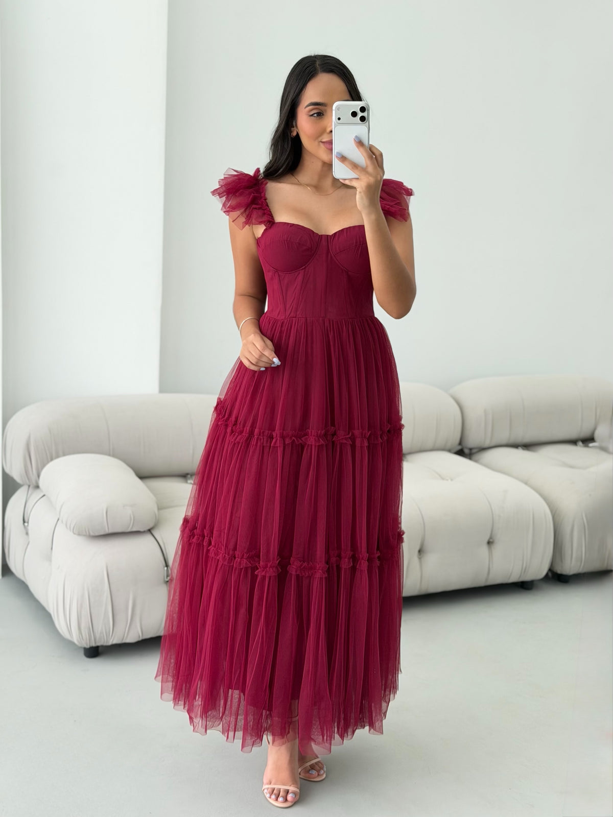 Tiered Tulle Corset Midi Dress with Ruffle Straps