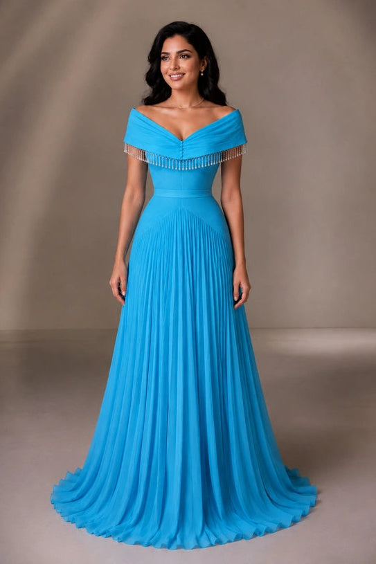 Off-the-Shoulder Pleated A-Line Evening Gown