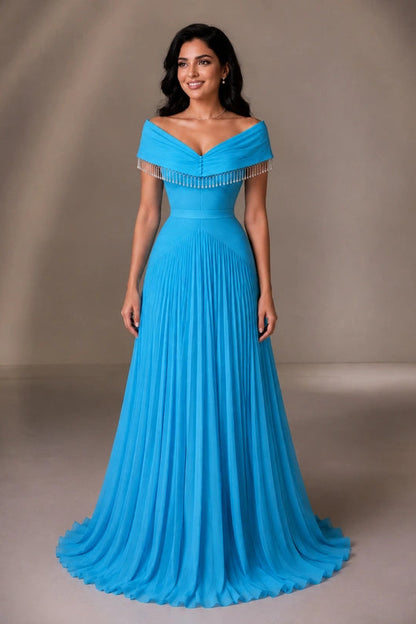 Off-the-Shoulder Pleated A-Line Evening Gown