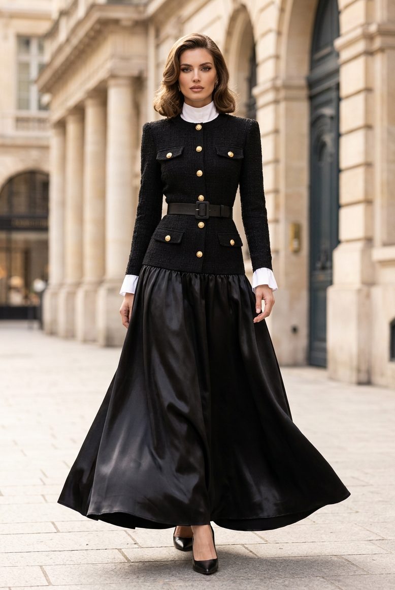 Button-Front Belted Maxi Dress with Contrast Trim