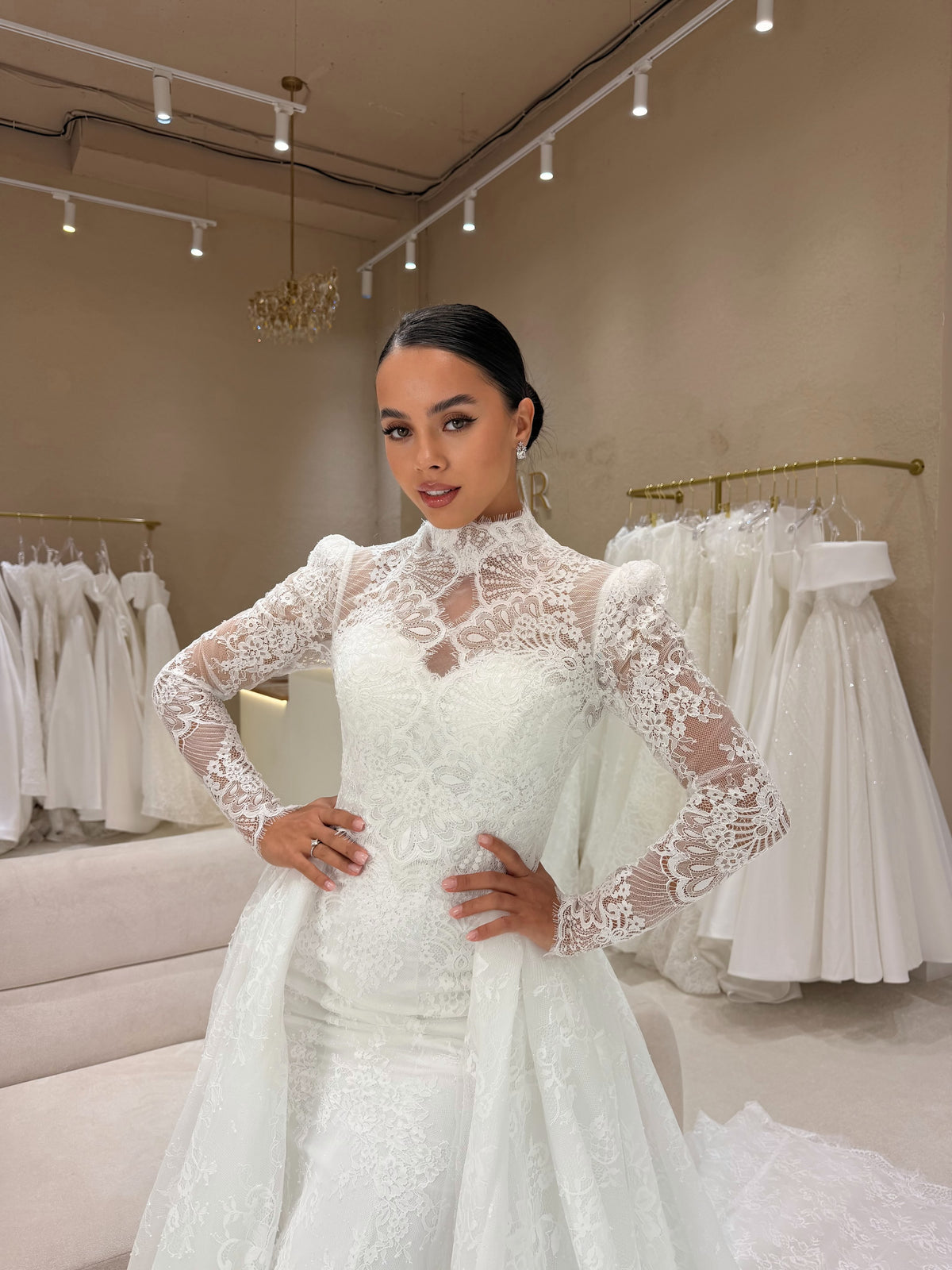 Lace High Neck Mermaid Wedding Dress with Overskirt
