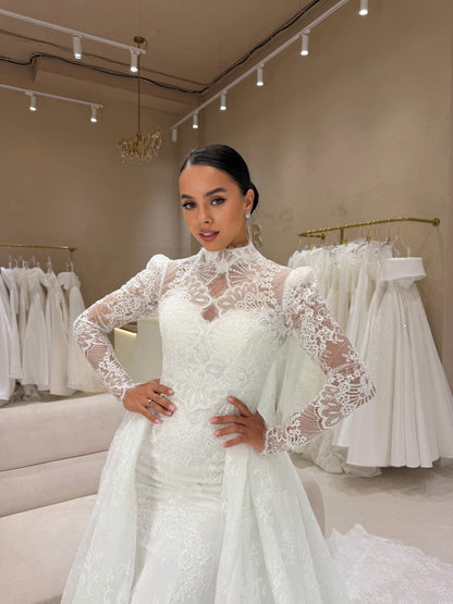 Lace High Neck Mermaid Wedding Dress with Overskirt