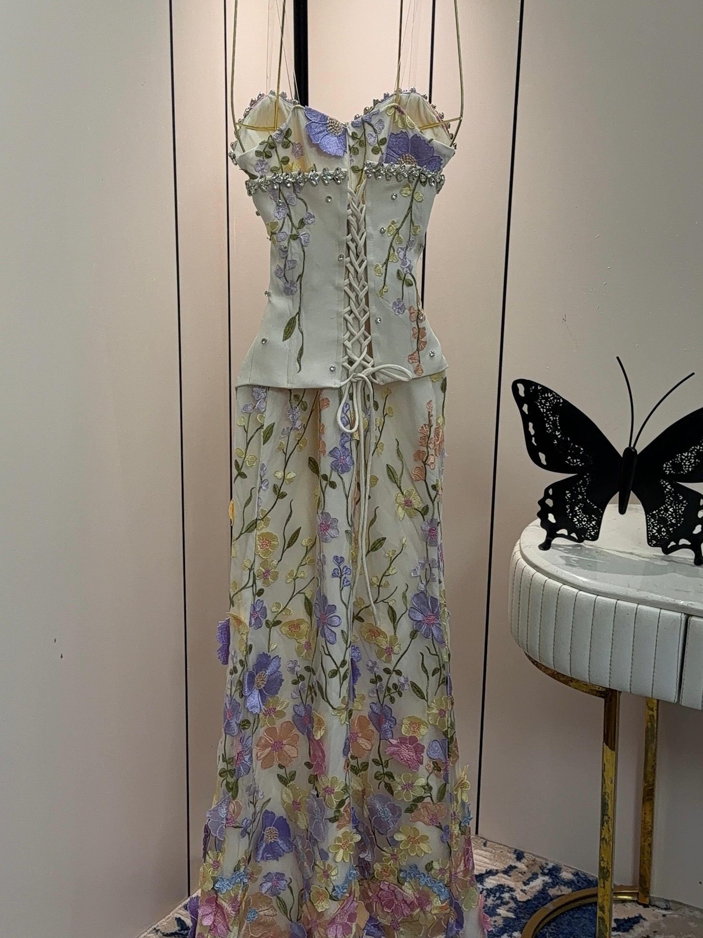 Floral Embroidered Corset Mermaid Gown with Pearls
