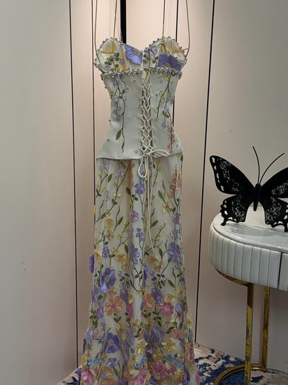 Floral Embroidered Corset Mermaid Gown with Pearls