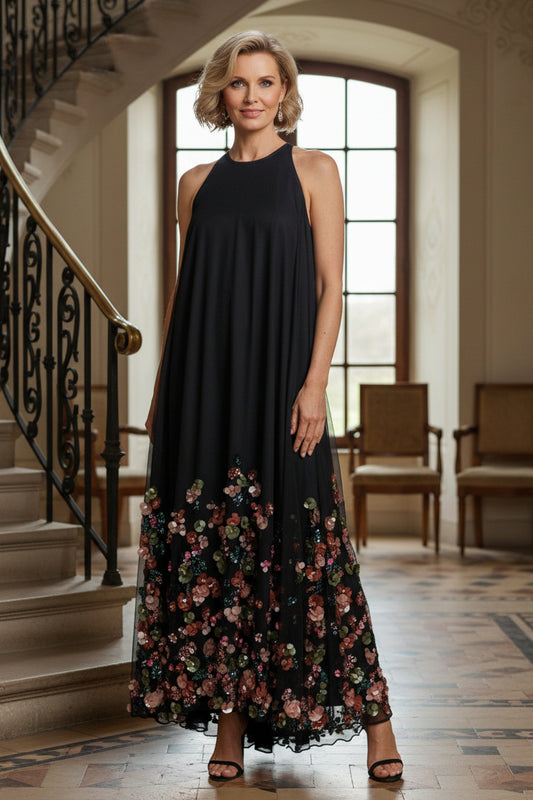 Halter Neck Floral Applique Maxi Dress