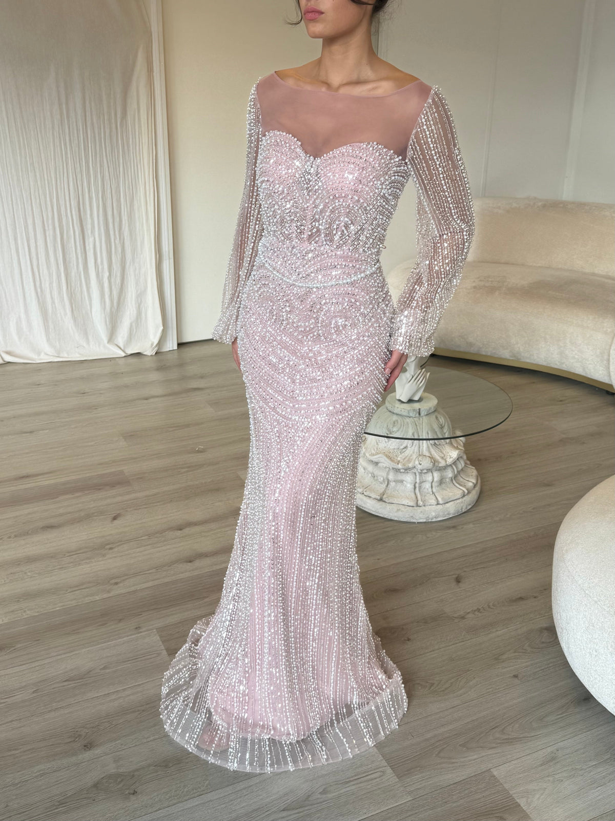 Beaded Illusion Long Sleeve Mermaid Evening Gown
