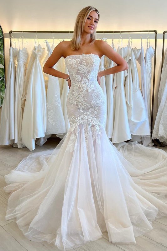Strapless Lace Mermaid Wedding Dress with Cathedral Train