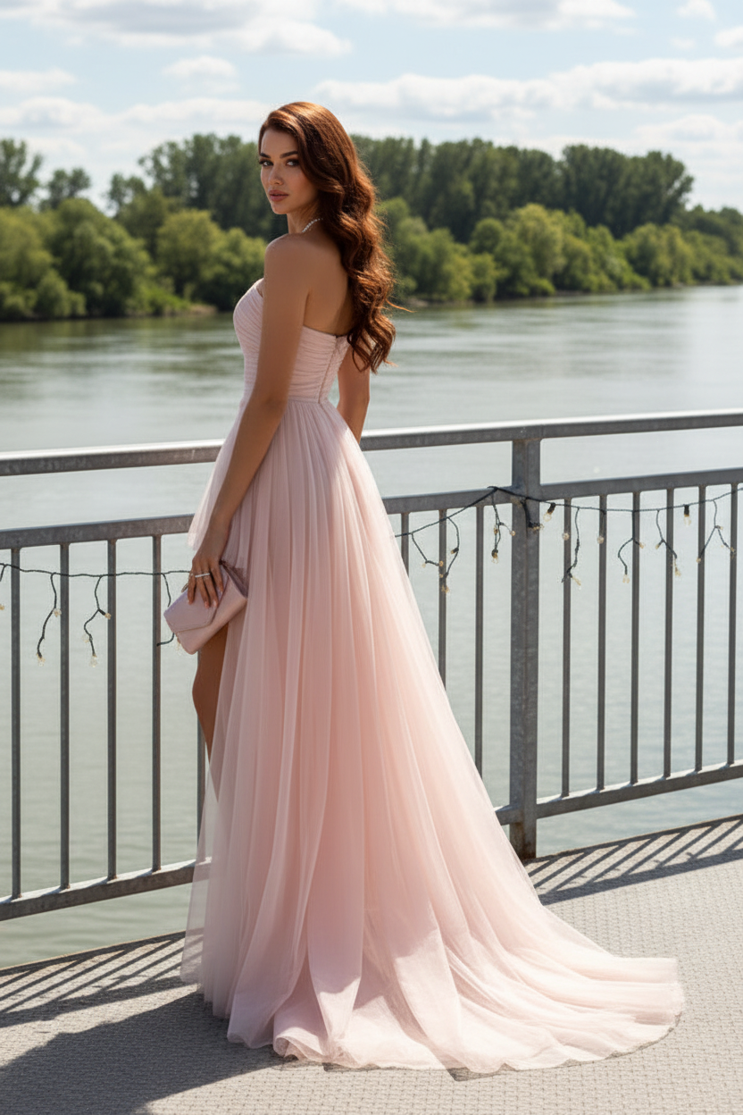 One-Shoulder Floral High-Low Tulle Evening Dress