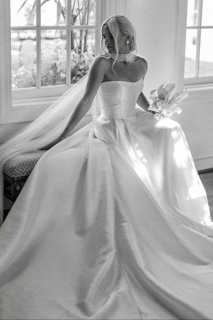 Satin A-Line Wedding Dress with Pleated Train Skirt
