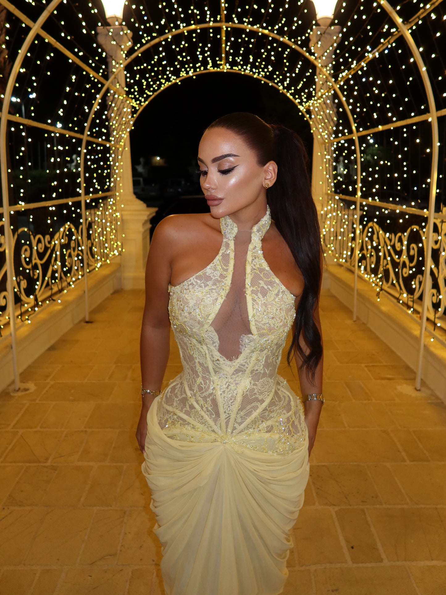 Halter Neck Corset Gown with Draped Skirt