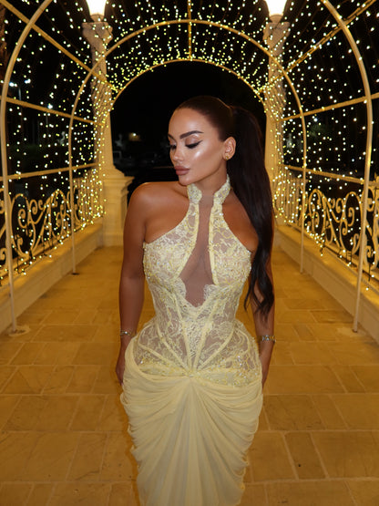 Halter Neck Corset Gown with Draped Skirt