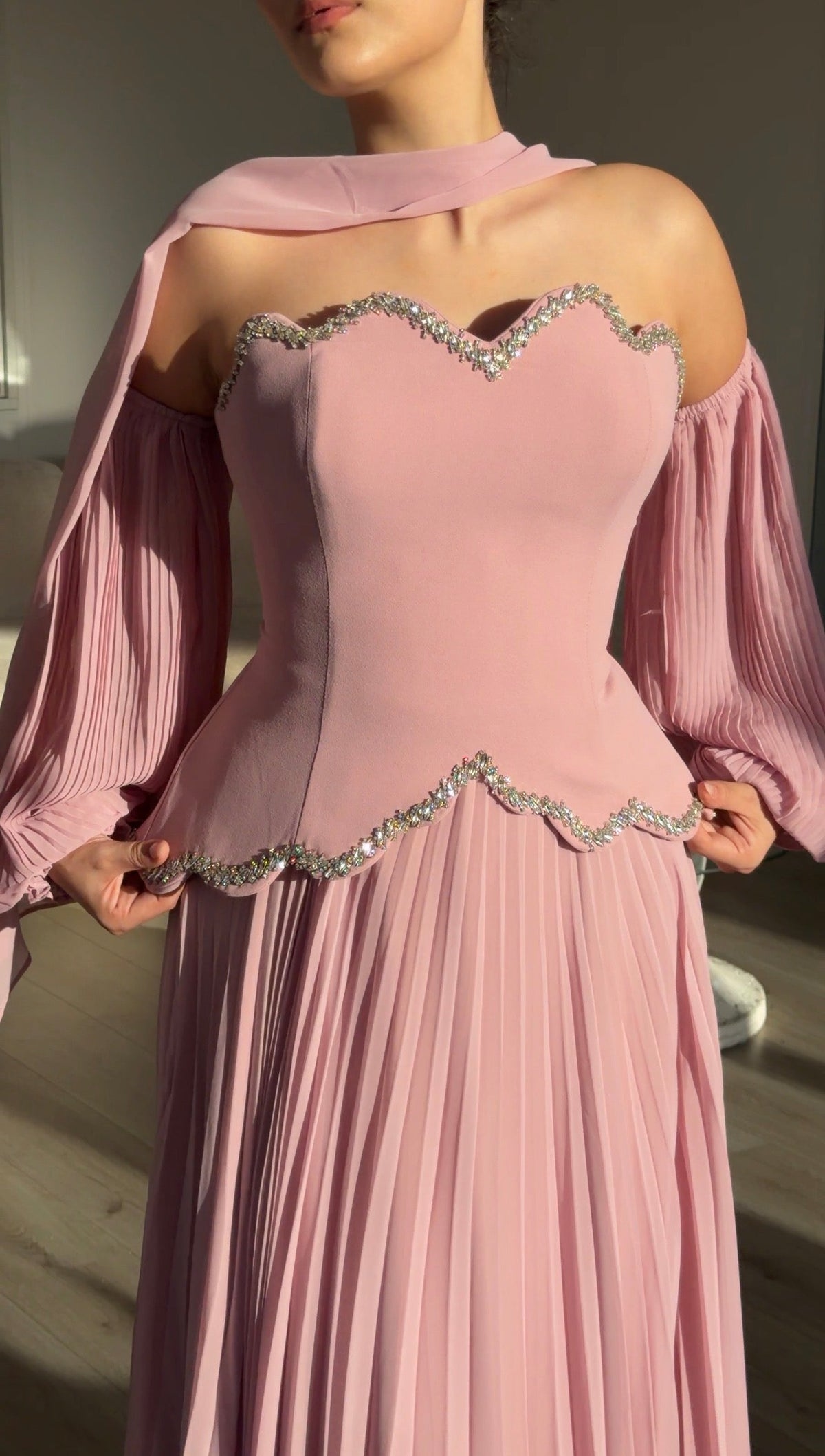 Pleated Maxi Evening Dress with Scalloped Crystal Trim