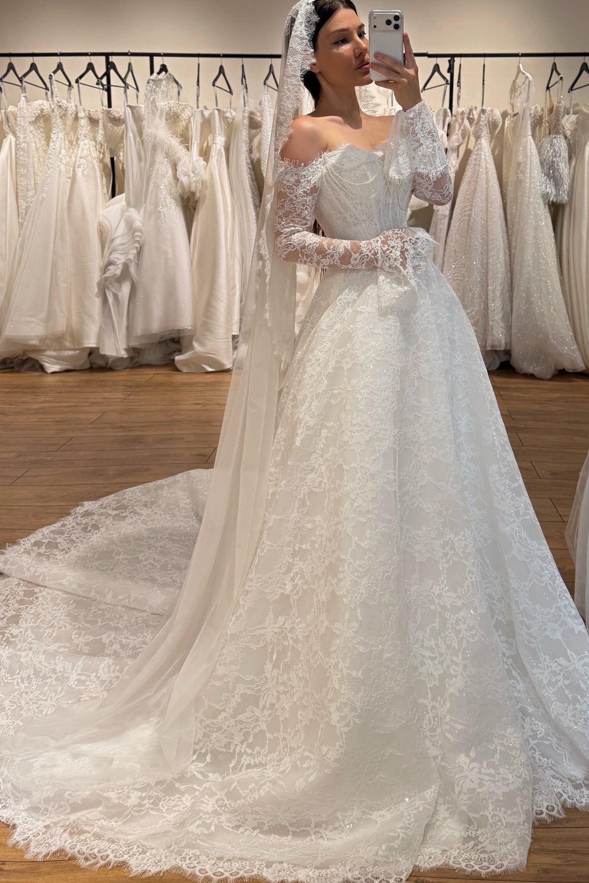 Off-the-Shoulder Lace Ball Gown Wedding Dress