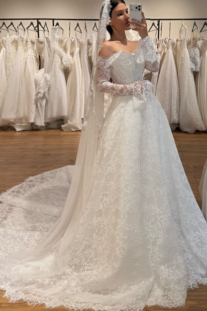 Off-the-Shoulder Lace Ball Gown Wedding Dress