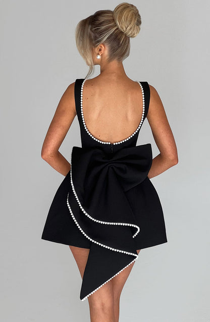 Pearl Trim Open Back Mini Dress with Statement Bow