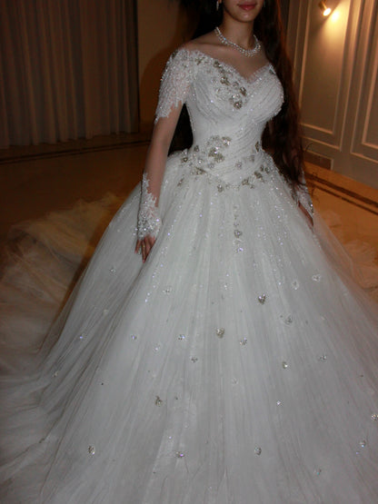 Beaded Long Sleeve Tulle Ball Gown Wedding Dress