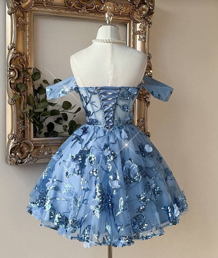 Off-the-Shoulder 3D Floral Corset Homecoming Dress
