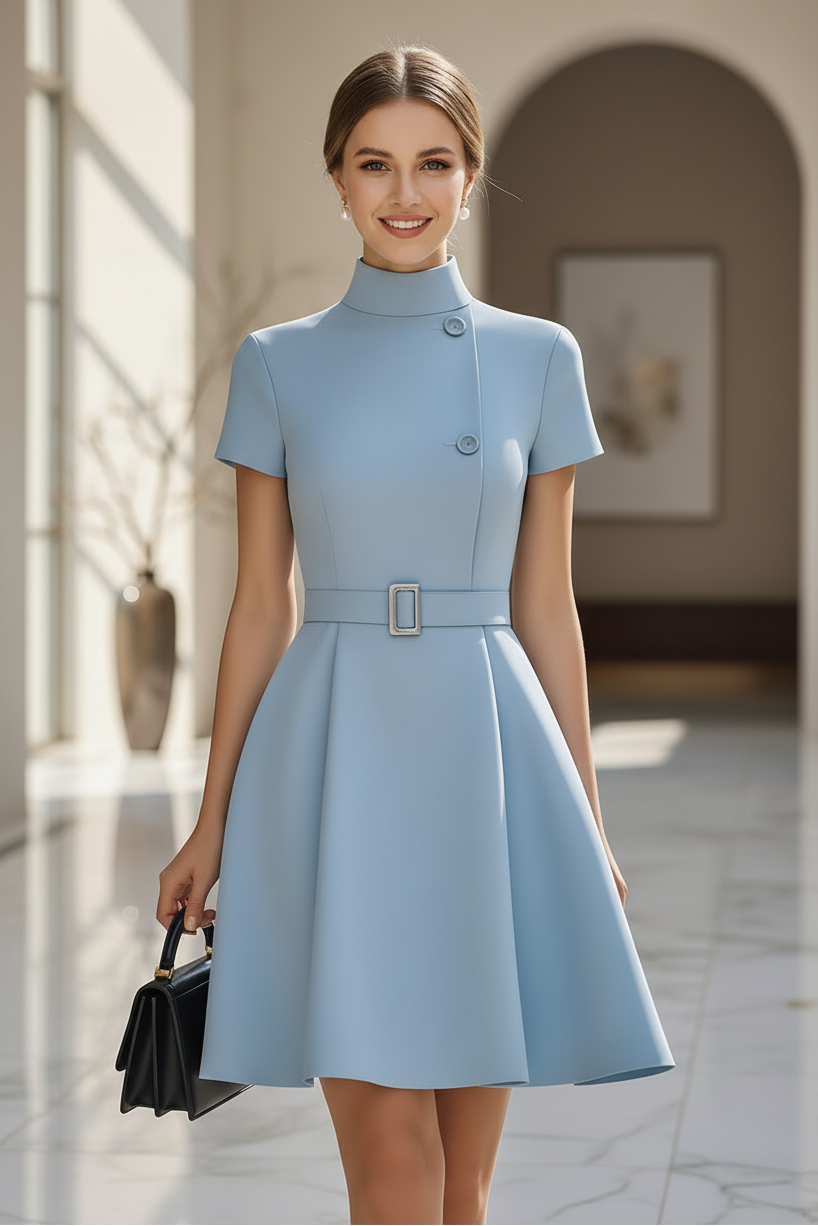 Mock Neck Belted A-Line Mini Dress with Buttons