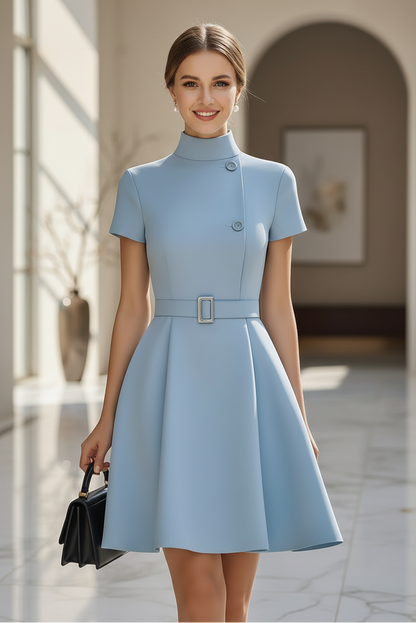 Mock Neck Belted A-Line Mini Dress with Buttons
